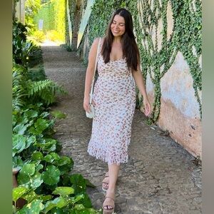 Women’s Floral Slip Midi Dress - Cream with butterfly’s